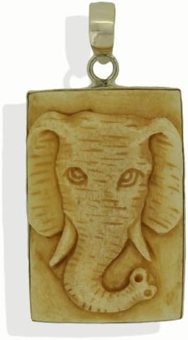 Elephant Head Pendant Carved Antique Color Buffalo Bone Bali 925 Sterling Silver
