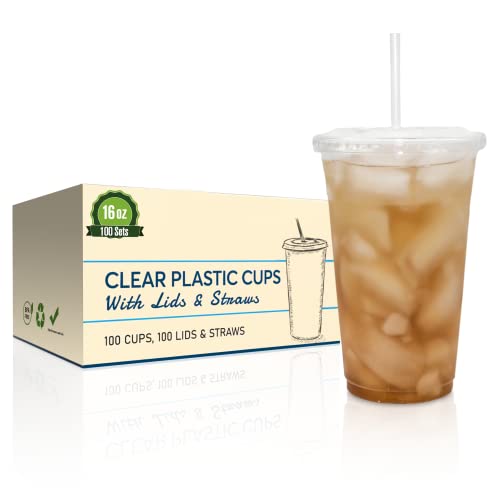 SafeWare Disposable Clear Plastic to go Cups with Flat Lids and Straws