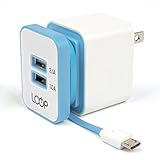 LOOP Dual Port Foldable USB Wall Charger with Integrated Micro USB Cable for Smartphones - Blue
