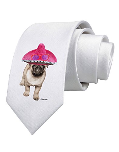 TooLoud Pug Dog with Pink Sombrero Printed White Neck Tie