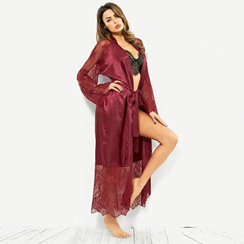 image for Jianekolaa_Lingerie Womens Lace Trim Kimonos Robes Long Satin Gown Bat