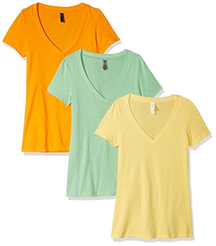 Clementine Apparel Women's Petite Plus Deep V Neck Tee (Pack of 3), Banana Yellow/Apple Green/Orange, XXL