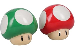 Super Mario Brothers Mushroom Salt and Pepper Shakers Officially Licensed Nintendo Red & Green 1-Up Ceramic Set for Kitchen & Home Decor, Housewarming Gift for Movie and Gaming Fans | Paladone