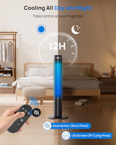 Tower Fan 92 cm with Adjustable LED Screen (Total Off) and Remote Control with Mute Button, Silent Column Fans 28dB, 6 Speeds+5 Modes, Oscillation 70°, 8 m/s, Timer 12h