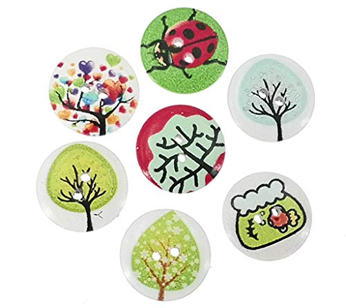 Kinteshun Wooden Buttons Round Natural Wood 2-Holed Fastener Buttons for Sewing Knitting Handcraft(100pcs,Off-White,Assorted Floral Patterns)