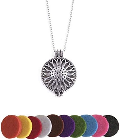 Antique Silver-tone Aromatherapy Essential Oil Diffuser Sunflower Locket Pendants Jewelry with Chain