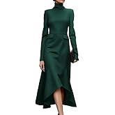 Oshoplive Women’s Long Sleeve Maxi Dress High Neck Elegant Bodycon Dress Midi Asymmetrical Hem Formal Business
