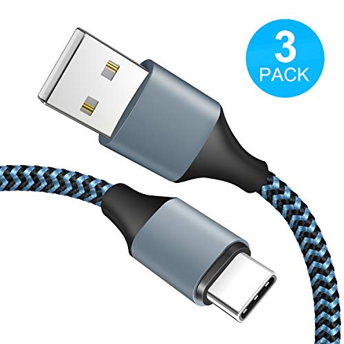 Amoner USB Type C Cable, Braided USB-C to USB-A Charger (3 Pack/3 Ft) with Reversible Connector Compatible with Samsung Galaxy S10 S9 S8 plus Note 9 8, Moto Z, LG V30 V20 G5, USB C Devices (Blackblue)