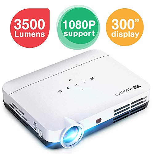 WOWOTO H8 3500 lumens Mini Projector White LED DLP 1280×800 Real Mini Home Theater Projector WXGA Support 3D 1080P HD Android HDMI USBx2 RJ45 176″± Perfect for Entertainment Business Wireless Screen