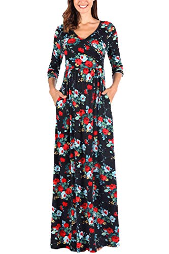 Comila Long Dress with Flutter Sleeves, Bohemian Floral Print Maxi Dress Petite Summer V Neck Wrap Long Dress Empire Waist Slimming Flattering A Line Dress Black/Red/Green L (US 12-14)