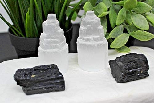 STRIKE 2 Selenite Towers & 2 Extra Grade Black Tourmaline Logs: Home Protection Kit