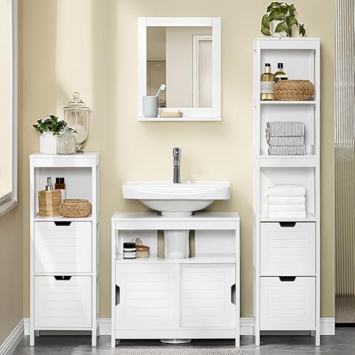 SoBuy Mueble para Baño Armario Baño Lavabo Mueble Bajo Lavamanos Armario Organizador Pedestal Sink Cabinet Ideal para Almacenamiento y Organización del Baño(Desagüe al Suelo, Blanco FRG128-II-W)