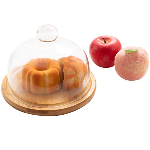 Wood Cake Stand with Dome Glass Cheese Pastry Dome Plate Bamboo Tray Dessert Stand Server Serving Platter Use as Salad Punch Bowl/Veggie Desert Platter Ø 21x16cm