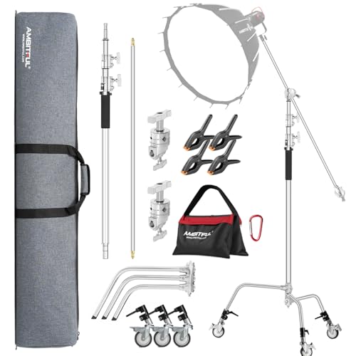 AMBITFUL Stainless Steel Heavy Duty C Stand, 150-320 cm, Adjustable with Wheels for Reflectors, Softbox, Monolight, Heavy Duty Arm (AMBITFUL C-Stand Kit + Bag + Wheels)
