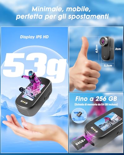 NNYYMH 4K Action Cam, Mini Body Cam with 64GB SD Card, Waterproof up to 30m, 180 Minutes Battery, 150° Wide Angle and 1.47 Inch Display, Vlog Camera