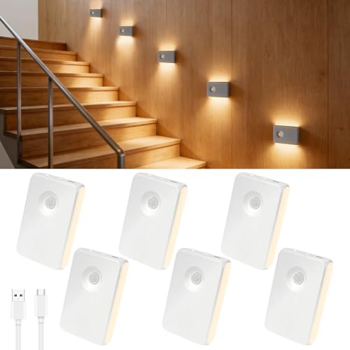 Luces de Escalera con Sensor de Movimiento Recargables, Luces Automáticas con Soporte Magnético Regulables para Interiores en Escaleras, Pasillos, Cocina, Baño (Blanco-6PCS)