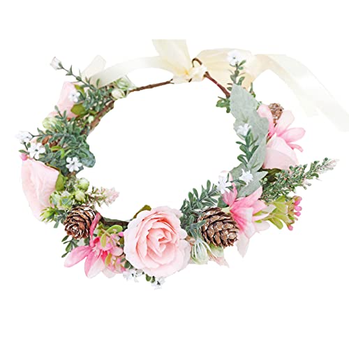 Brikuinr Flower Wreath Crown Girls Floral Headband Hair Wreath Hair Garland Flower Halo Floral Headpiece Boho with Ribbon Wedding Party โ image 1