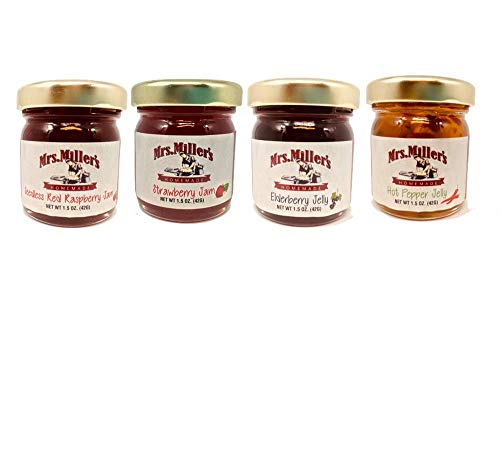 Mrs. Miller's Mini CLASSIC Sampler Variety 1.5 oz. - Pack of 16 (4 of ea): Seedless Red Raspberry Jam, Strawberry Jam, Elderberry Jelly & Hot Pepper Jelly with a Chocolate Lip Balm by Jarosa Gifts