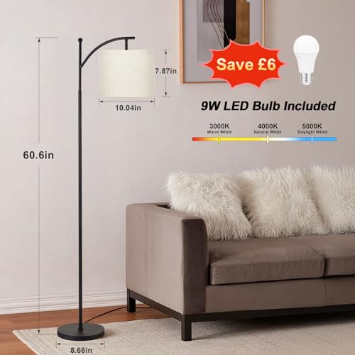 Aooshine Floor Lamps for Living Room, 60" Modern Arc Standing Lamp with 3 Color Temperatures, Beige Lampshade & Foot Switch, Standard Corner Lamp for Bedroom Office Dorm Room(9W Bulb Included)