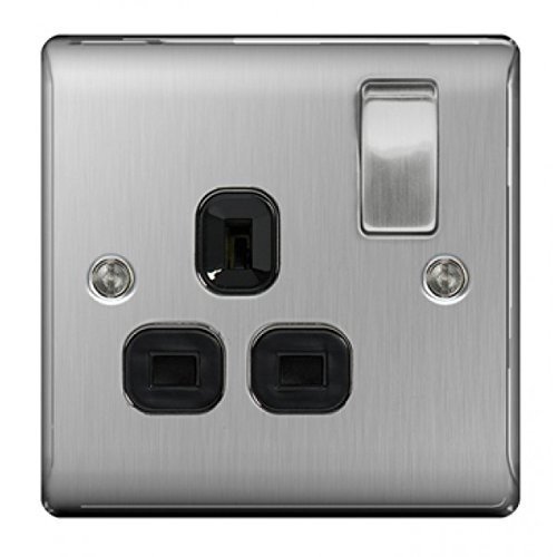 BG-Nexus-Metal Single 13A Plug Socket,Brushed Steel Finish,Black Inserts