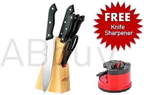 ABbuy 7-Piece Stainless Steel Knife Set with Sharpner & Wooden Stand, Assorted Color [ST-ABK-KS7-9]