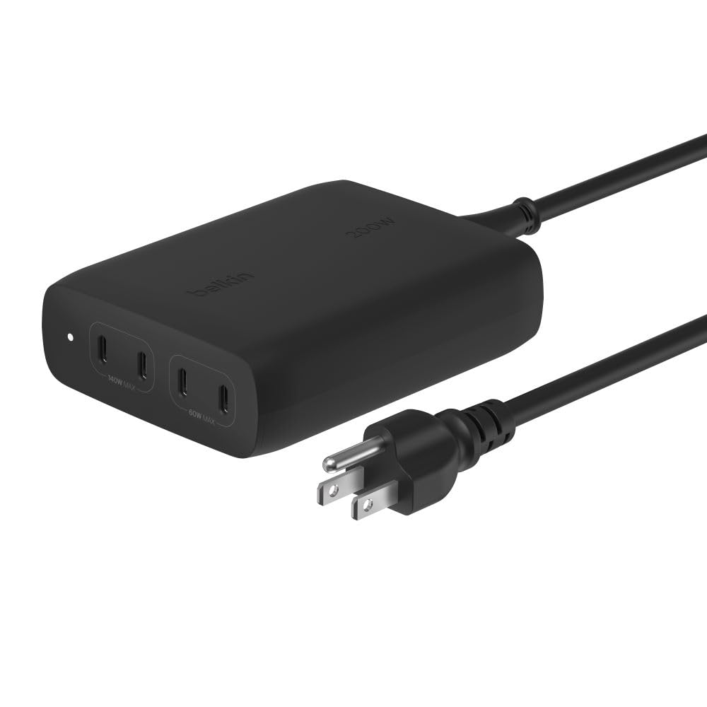 Photo 1 of Belkin 4-Port USB C Charger Block, 200W GaN Multi-Port Charger USB-C PD 3.1 Fast Charge + 5ft Power Cord - MacBook, iPhone 17, Air, iPad, Galaxy S25, Google Pixel 10, Nintendo Switch 2 - Black