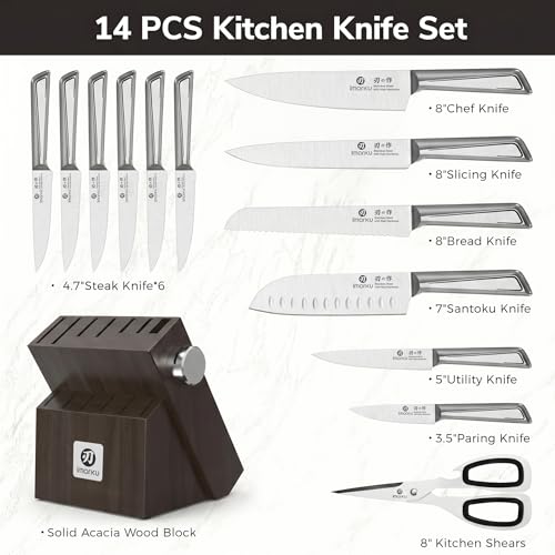 imarku 14-Piece Knife Set, Japanese High Carbon Stainless Steel Knife Block Sets, Ultra-Sharp Kitchen Knife Set with Built-in Sharpener, Dishwasher Safe, Gray