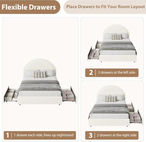Garvee Queen Size Bed Frame with Storage Drawers, Upholstered Boucle Platform Bed with Round Headboard, Heavy Duty & Noise Free, No Box Spring Needed, Beige