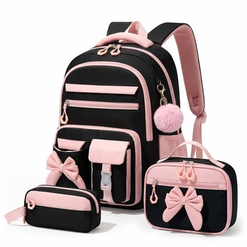 Amythe 3 Piece Primary Girl's Backpack School Bag Set with Lunch Bags and Pencil Case, School Bag for Girls 8-15 Years, Black