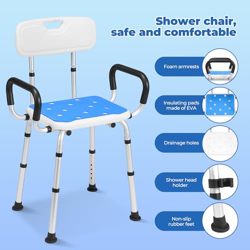 Careboda Shower Stool for Seniors, Shower Chair with Armrests and Backrest, Bathroom Stool 136 kg, Height Adjustable, up to 136 kg, Bath Chair for Seniors