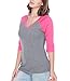 Kavio! Women Sheer Jersey Cntrst V Neck Raglan 3/4 Sleeve Dark H.Gray/Watermelon L