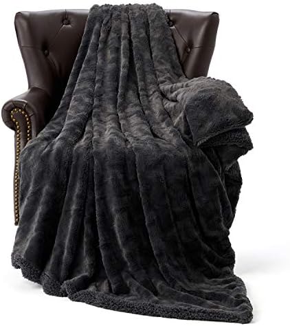 HT&PJ Fluffy Faux Fur Throw Blanket Reverse Plush Sherpa Thick Warm Soft for Sofa Bedroom Decor Throw Size Solid (Dark Charcoal, Throw(50"X60"))