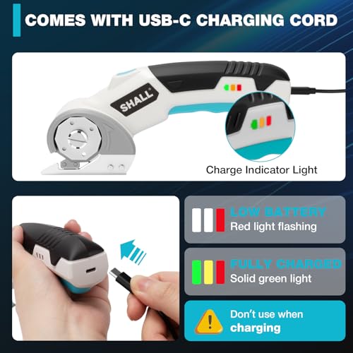 SHALL 4V Cordless Electric Scissors with Safety Lock, LED Light and Replacement Blade - Rechargeable Rotary Cutter for Fabric, Leather, Carpet, Cardboard and Plastic