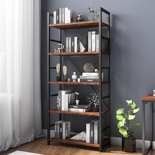 VERMESS Industrial Bookshelf, 5-Tier 24inch Shelving Unit Wood Bookcase with Open Shelves, Standing Bookshelves Metal Frame Display Rack for Living Room,Bedroom, 24.8 * 11.8 * 63 inch，Rustic Brown