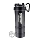 YIXIAN Protein Shaker Bottle 3 in 1 Portable Shaker Cup,100% BPA-Free Leak Proof Sport Mixer Fitness Sports Nutrition Supplements Non-Slip Mix Shaker Cup 17oz 500ml (Black)