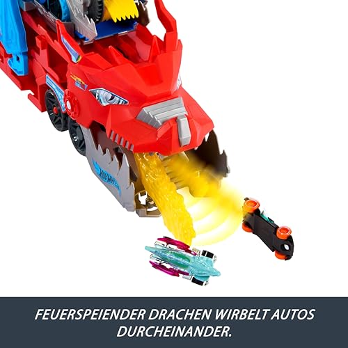 Hot Wheels City Toy Car Track Set, Ultimate 2-in-1 Dragon Transporter and 2 Die-Cast Cars, Large Dragon and Removable Dragon with Space for More Than 20 Vehicles, JKJ79