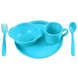 Childrens Dinnerware Set 5 Pieces, Yehua Baby, Toddler, Kids Tableware Set - Spoon, Fork, Cup, Plate, Bowl - FDA/BPA Free Certified Silicone, Unbreakable, Best Gifts With Child 1-13 Years Old - Blue