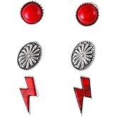 3Pairs Western Cowgirl Turquoise Stud Earrings for Women Bohemian Lightning Oval Round Shape Blue Turquoise Earrings Handmade Gemstone Vintage Holiday Jewelry Gifts