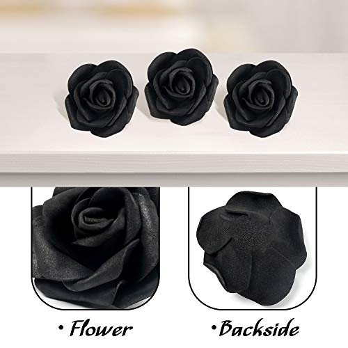 Johouse 30 PCS Artificial Rose Flowers, Black Roses Faux Roses Single Stem Fake Flowers for DIY Wedding Bouquets Halloween Party Favor Home Decor, 3 Size with 2 Leaves