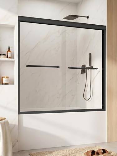 Bathtub Glass Shower Door, 56-60" W x 57" H, Matte Black Aluminum