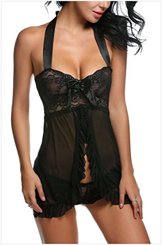 Lifeisbest Women Sexy Nightwear Halter Lace Strap Babydoll Lingerie(L(US10-14)-Black)