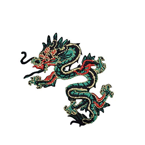 Small - Dragon - Facing Left - Green/Red - Iron on Applique/Embroidered Patch