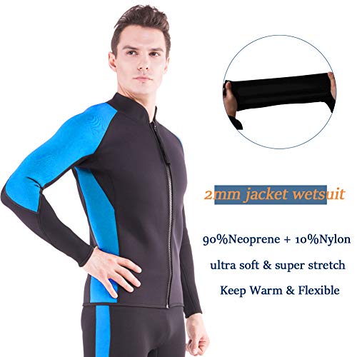 Flexel Wetsuit Tops/Pants, 2mm Premium Neoprene Wet Suit Jacket/Scuba Diving Vest for Swimming Snorkeling Surfing Fishing XSPAN Front Zipper Suit (2mm Jacket Ocean, Small)
