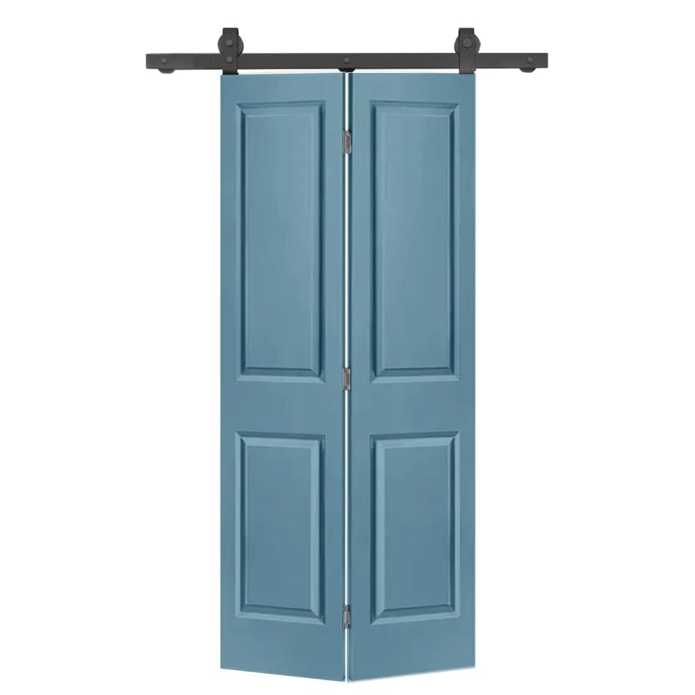 Photo 1 of 30 in. x 80 in. 2 Panel Dignity Blue Painted MDF Composite Bi-Fold Barn Door with Sliding Hardware Kit