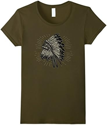 Womens Native American Chief Headdress War Bonnet T Shirt Large Olive