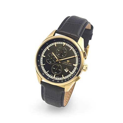 LOUIS-XVI-Herren-Armbanduhr-Varennes-Gold-Schwarz-Chronograph-Analog-Quarz-echtes-Leder-Schwarz-917