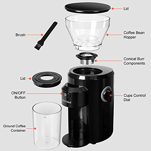 Secura Conical Burr Coffee Grinder, Electric Coffee Grinder with 18