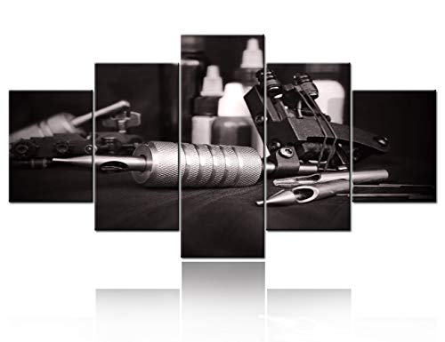 Living Room Decor Tattooing Machine Pictures Tattoo Instrument Wall Art Grey Paintings Multi Panel Printed on Canvas Vintage Artwork for House Giclee Framed Stretched Ready to Hang(60''W x 32''H)