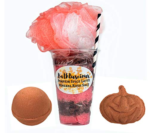 Pumpkin Spice Latte Mineral Bath Salt, Pumpkin Spice Bath Bomb, Pumpkin Face Bath Bomb, Orange White Loofah Sponge 22 oz, by Bathluscious