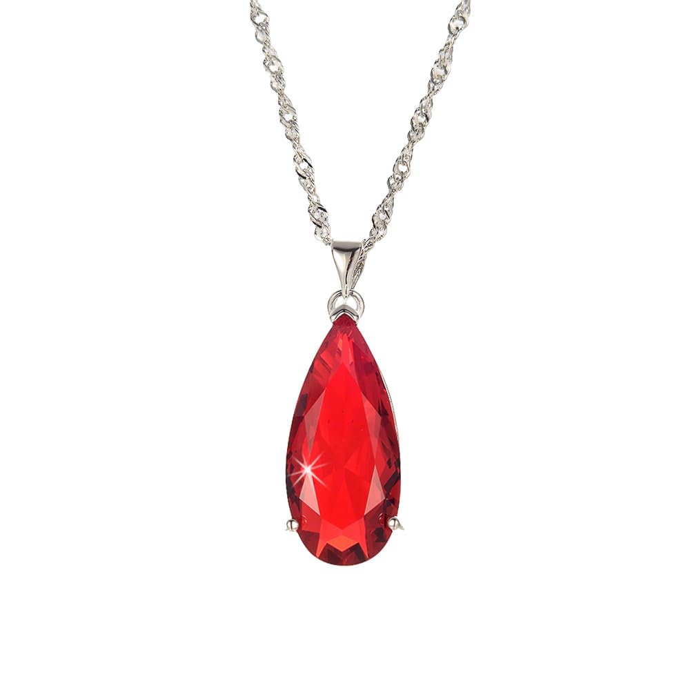 RIZILIA Red Teardrop Necklace for Women, Pear Cut Simulated Red Garnet CZ Pendant in 18K White Gold Plated, 45cm + 5cm Adjustable Chain, Gift Boxed for her